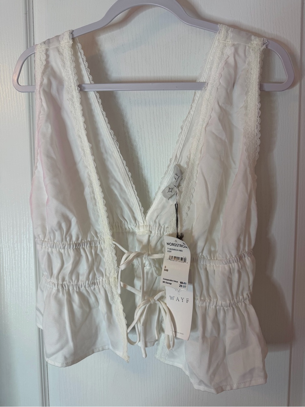 WAYF Ivory Satin Lace Tie Front Peplum Top Small NWT Coquette